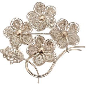 800 Spun Silver Multi Flower C Clasp Brooch Pin K723